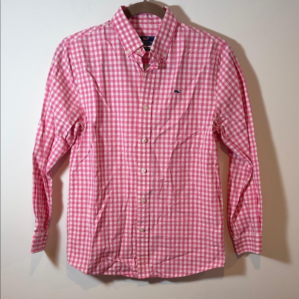 Vineyard Vines Boys Whale Shirt Gingham Button-Down Shirt Pink & White M(12-14)